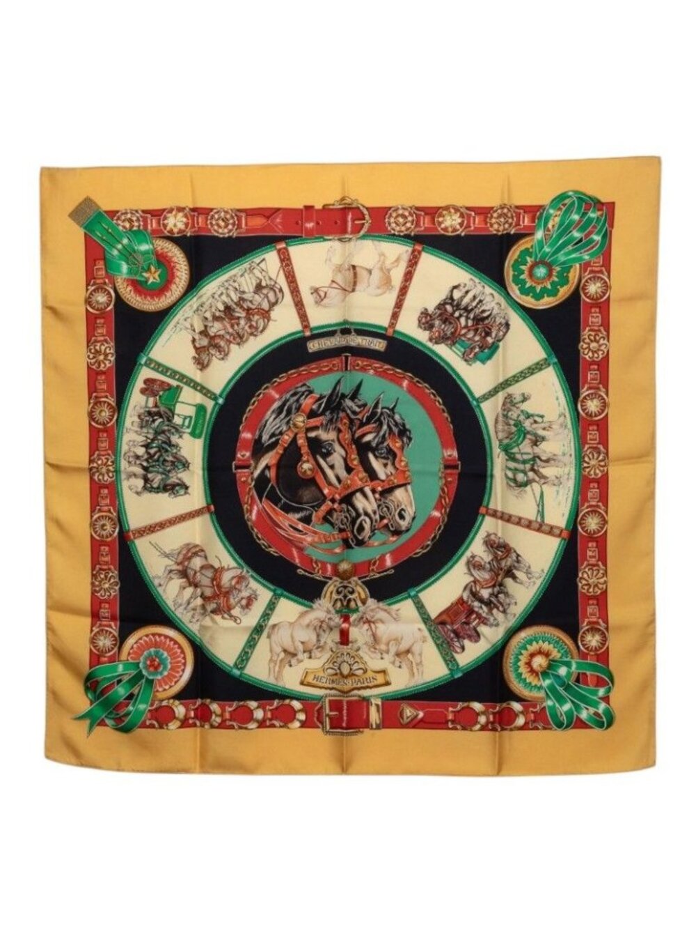 Hermes Carre 90 Chevaux de Trait Hashiba Scarf Large Yellow Multicolor Silk
